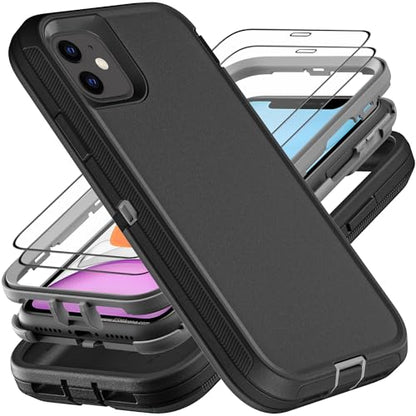 YKHJKLEC for iPhone 11 Case, Military Grade 3 in 1 Heavy Duty Shockproof/Drop Proof/Dust Proof Case with 2Pcs Tempered Glass Screen Protector (Black/Grey) - color: Black/Grey
