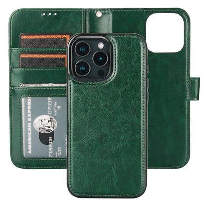 Bocasal Detachable Wallet Case Card Holder for iPhone 16 Pro Max Green | RFID Blocking Kickstand Card Slots Holder PU Leather Magnetic Shockproof Wrist Strap Removable Flip Protective Cover 6.9 inch - color: Green