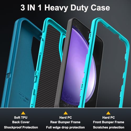 for Samsung Galaxy S23 FE Case with 2Pcs Tempered Glass Screen Protector and 1Pcs Camera Lens Protector, 3 in 1 Heavy Duty Shockproof/Drop Proof/Dust Proof Case (Blue/Turquoise) - color: Blue/Turquoise