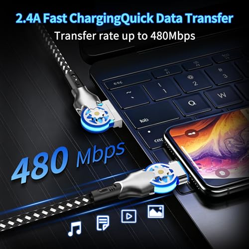 90 Degree Lightning Cable with 180° Rotating iPhone Charger Head,Swivel Charger Cord with MFi,6.6FT Right Angle Lightning Cable,Fast Charging,Apple Carplay,Data Sync for iPhone 14/13/12/11/X,iPad