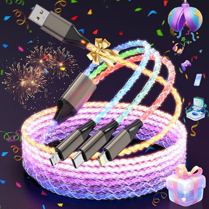 Light Up Charging Cable 66W USB C 3 in 1 Charger Cable RGB LED Light Up Glowing Light Up Charging Cable iPhone Cord 4 FT Multi Cable with Light for iPhone 16/15/14/13/12Series/iPad Pro/Samsung/Pixel