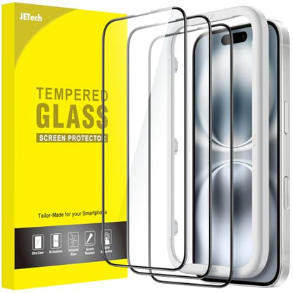 JETech Full-Coverage Screen Protector for iPhone 16, 3-Pack | Black Edge Tempered Glass, Easy Installation Tool, HD Clear, Case-Friendly - size: iPhone 16
