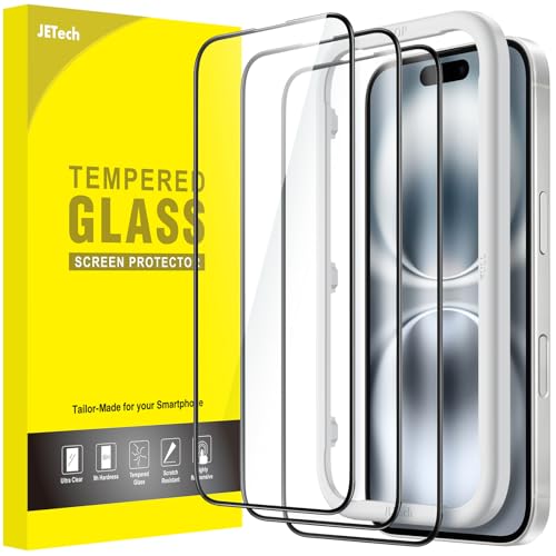 JETech Full-Coverage Screen Protector for iPhone 16, 3-Pack | Black Edge Tempered Glass, Easy Installation Tool, HD Clear, Case-Friendly - size: iPhone 16