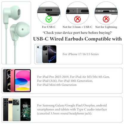 APETOO USB C Headphones for iPhone 18 Pro Max 17 16 15/iPad Air Earbuds - color: Mint Green