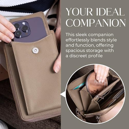 BULL GUARD Crossbody Bag for Women, Leather Phone Wallet Purse with Adjustable Anti Theft Strap & RFID Blocking 12 Card Slots - color: Xtraroom in Soft Grey Whisper Frappe