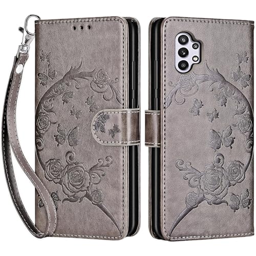 for Samsung Galaxy A32 5G Wallet case, Gray Flower | 3 Card Holders, Kickstand, Shockproof TPU Shell, PU Leather, Magnetic Closure, Protective Flip Folio Cover, Women - color: 9
