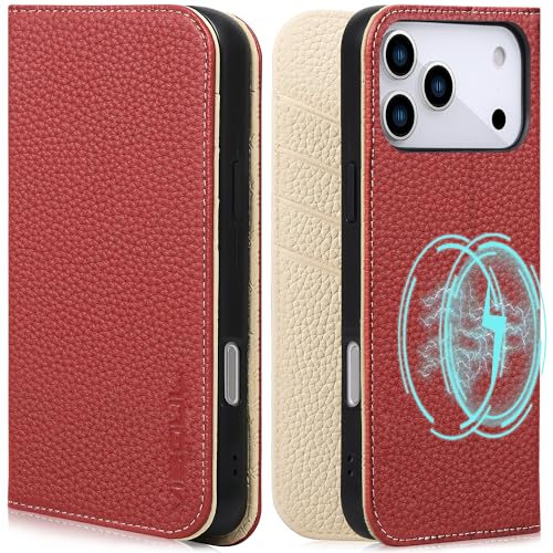 VISOUL Pebbled Leather Wallet Case for iPhone 17 Pro Max 6.9" 2025, Genuine Leather Flip Folio Cover with RFID Blocking Card Holders, Kickstand, Soft TPU Protective Flip Cover -Red+Milky White - color: Red+Milky White