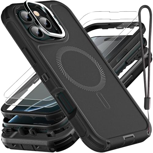 YKHJKLEC for iPhone 16 Pro Case, Military Grade 3 in 1 Heavy Duty Shockproof/Drop Proof/Dust Proof with Kickstand Case, with 2 x Tempered Glass Screen Protector & 1 x Wrist Strap (ZJ-Black/Black) - color: ZJ-Black/Black