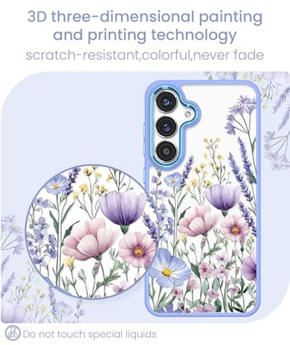 Clear Flower Pattern Case for Samsung Galaxy S26 FE-Light Purple | Girl Women Slim Soft TPU + Hard PC Military Grade Protective Phone Cover WithTempered Glass Screen Protector for S26 FE - color: S26 FE-Light Purple