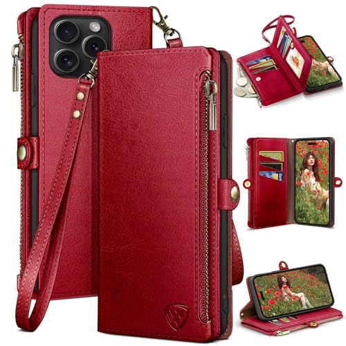 XcaseBar for iPhone 15 Pro 6.1" Wallet case with Zipper Credit Card Holder RFID Blocking,Flip Folio Book PU Leather Shockproof Strap Protective Cover Women Men for Apple 15Pro Phone case Red - color: Red