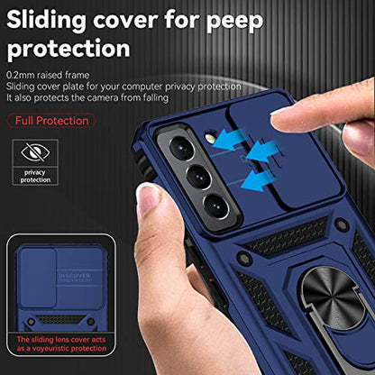 for Samsung Galaxy S22 Case with Camera Lens Cover HD Screen Protector, Dual Layer Military-Grade Drop Tested Magnetic Ring Holder Kickstand Protective Phone Case for Samsung Galaxy S22 5G (Navy Blue) - color: Navy Blue with camera cover Military-Grade 2n