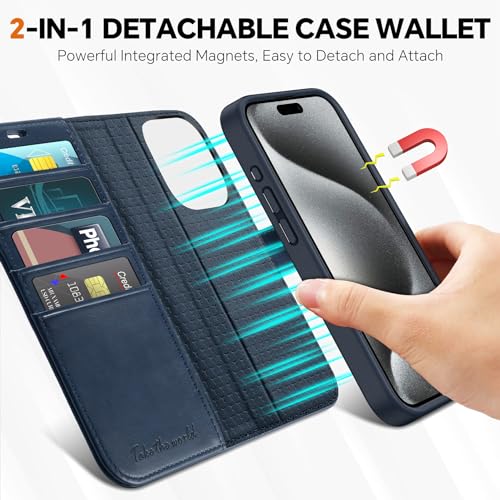 TUCCH Detachable 2-in-1 Case Wallet for iPhone 15 Pro 6.1" 2023, Dark Blue | 4 Card Slots, RFID Blocking, Wireless Charging, Viewing Stand, PU Leather, Shockproof TPU, Magnetic, Flip Cover - color: Dark Blue (2-in-1 Detachable)