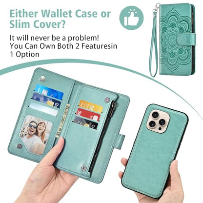 Asuwish Phone Case for iPhone 16 Pro 6.3 inch Zipper Wallet Detachable Cell Cover with Tempered Glass Screen Protector Crossbody Lanyard Strap Flower Card Holder i Phone16 i16 16Pro Women Girls Green - color: Green
