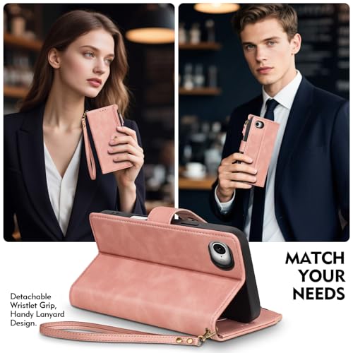 Compatible with iPhone 17e / 16e Wallet Case with Card Holder RFID Blocking Zipper Poket PU Leather Flip Phone Case with Wrist Strap Credit Card Slots Men Women,Rose Pink - color: Rose Pink