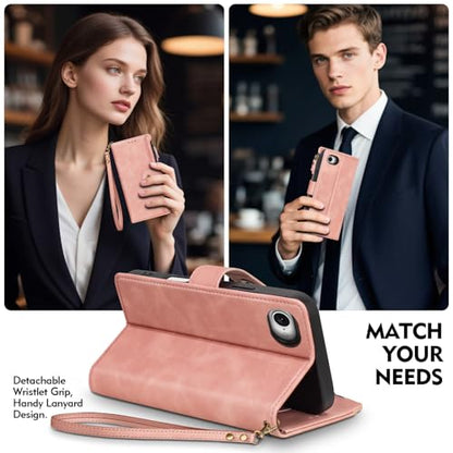 Compatible with iPhone 17e / 16e Wallet Case with Card Holder RFID Blocking Zipper Poket PU Leather Flip Phone Case with Wrist Strap Credit Card Slots Men Women,Rose Pink - color: Rose Pink
