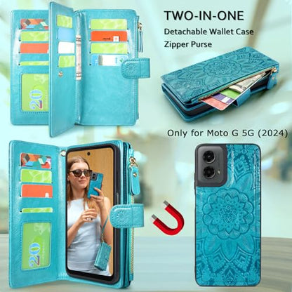 Harryshell Detachable Wallet Leather Case Compatible with Motorola Moto G 5G 2024 Magnetic Phone Case Zipper with Cash Coin Pocket Multi Card Slots Holder Wrist Strap Lanyard (Flower Blue Green) - color: Flower Blue Green, size: Moto G 5G 2024