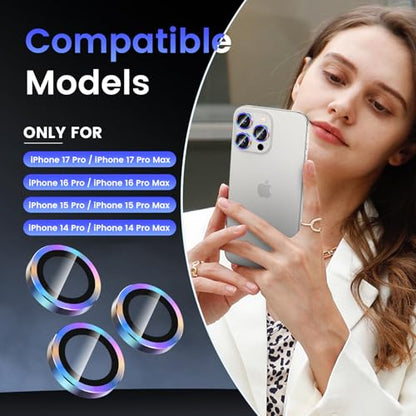Tensa iPhone 15 Pro/Pro Max Camera Lens Protector, 9H Tempered Glass Screen Cover, Metal Ring for 6.1/6.7 inch iPhone 2023 - color: Colorful