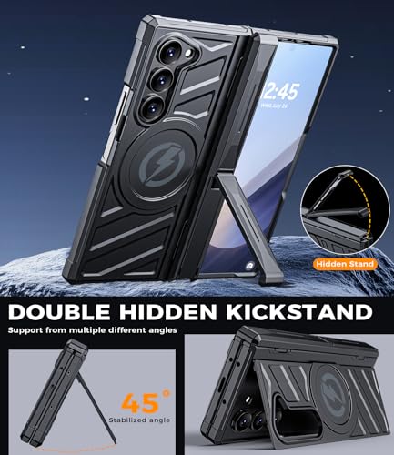Magnetic for Galaxy Z-Fold-6 Case: Heavy Duty Armor Phone Case [Compatible with MagSafe][Hinge Protection][Dual Kickstand] Shockproof TPU+PC Cover for zfold 6 5G 2024 Black - color: Black
