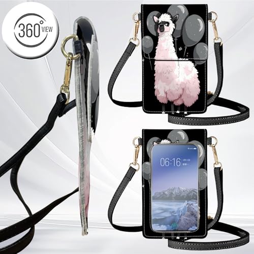 for Women Cell Phone Purse,with Touchscreen Cell Phone Purse,PU Leather Shoulder Bag Waterproof Phone Wallet Case with Clear Touch Screen Window up to 6.7 inch Smartphone, - color: Black and White Alpacas-247