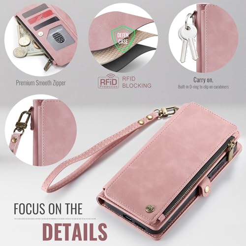 Defencase for Samsung Galaxy A15 5G Wallet Case with Card Holder, Rose Pink | Durable Soft PU Leather, with RFID Blocking Zipper Pocket & Wrist Strap, Flip Phone Cases Cover with Stand for Women and Men - color: Airy Rose Pink