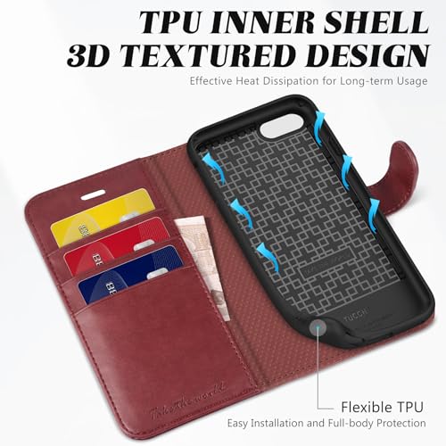 TUCCH Wallet Case for iPhone SE 2022/SE 2020/iPhone 8/7 (4.7"), Dark Red | 3 Card Holders, Kickstand, PU Leather, Shockproof TPU Shell, Magnetic Closure, Protective Folio Cover - color: Dark Red