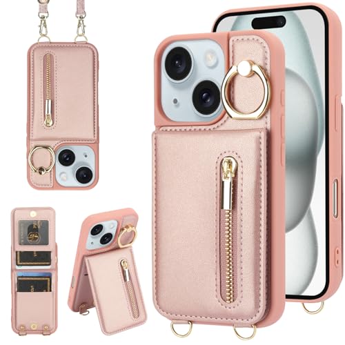 Crossbody Wallet Case for iPhone 11, with Card Slots Zipper Pocket Case, Flip Folio Purse RFID Blocking with Ring Kickstand Detachable Strap-Pink - color: Pink, size: iPhone 11(6.1")