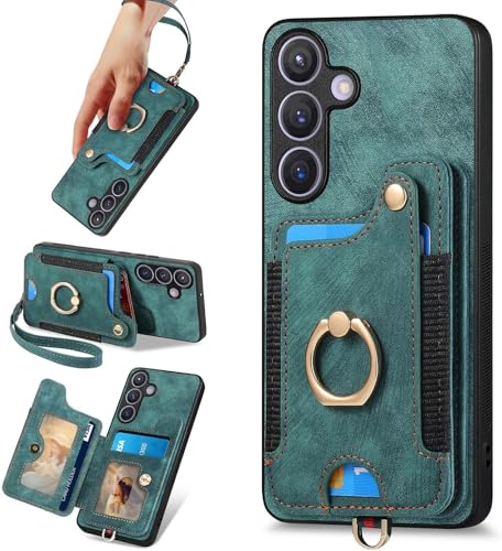 for Samsung Galaxy S25 FE Case Wallet with Card Slots Green | PU Leather Flip Folio Cover,RFID Blocking Ring Holder,Kickstand,Wrist Strap,Shockproof,Magnetic Protective,Women Men Girls - color: Green, size: Galaxy S25 FE 6.7 Inch