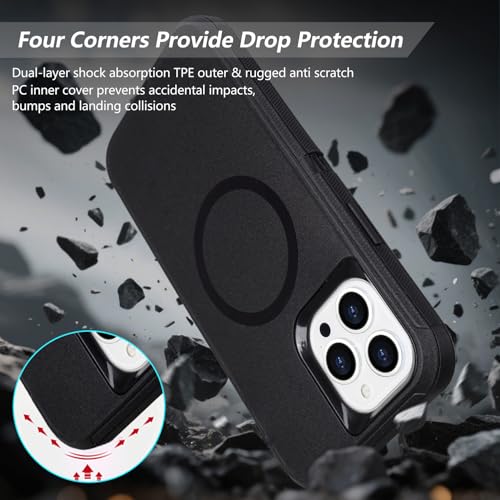 Magnetic for iPhone 13 Pro Max Case with Belt Clip Holster Kickstand, Black | Heavy Duty Military Grade Drop Protection Case for iPhone 13 Pro Max, 6.7", with 360°Rotating Kickstand - color: Black