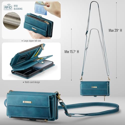 Wallet Case for iPhone 14 – RFID Blocking PU Leather Phone Case with Card Holder, Zipper Pocket, Kickstand, Magnetic Closure, Shoulder & Wrist Strap, Blue Green - color: Blue Green, size: iPhone 14