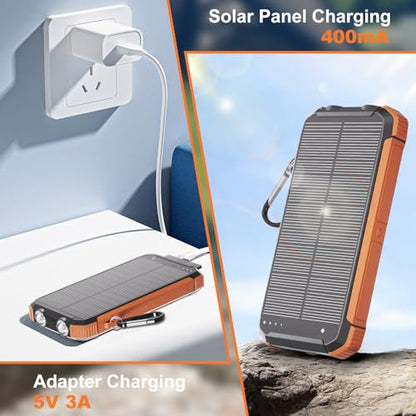 Solar Charger Power Bank 20000mAh, Wireless Fast Charging Battery Pack with 3 Built-in Cables & USB-C Input, Dual LED Flashlights, Portable Phone Charger for Camping, Travel & Emergency Use - color: Orange