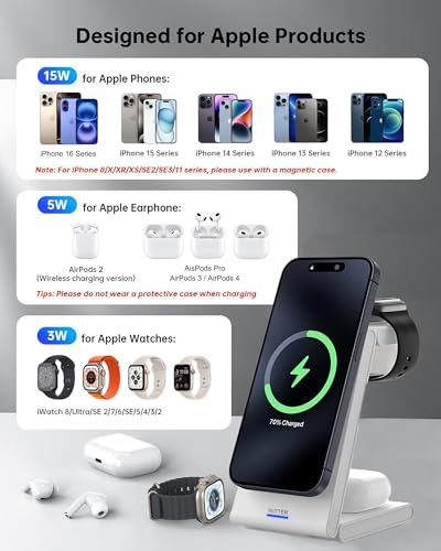 3 in 1 Wireless Charging Station, Magnetic Foldable Wireless Charger, Fast Travel Charger Stand for iPhone 17/16/15/14/13/12/Apple Watch/Airpods(20W PD Adapter Included)