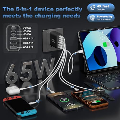 65W USB C Charger Block,6-Port Multi Device Fast Charger PD QC Wall Adapter - color: Black, size: 65w