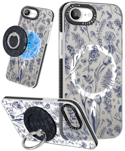 Lotadilo Cute Case for iPhone 17e/16e for Women Girls - Funny Blue Line Flower Design Compatible with Magsafe Magnetic Ring Holder Stand Fashion TPU Phone Covers for iPhone 17e/16e Phone Case - color: Blue Line Flower, size: for iPhone 16e