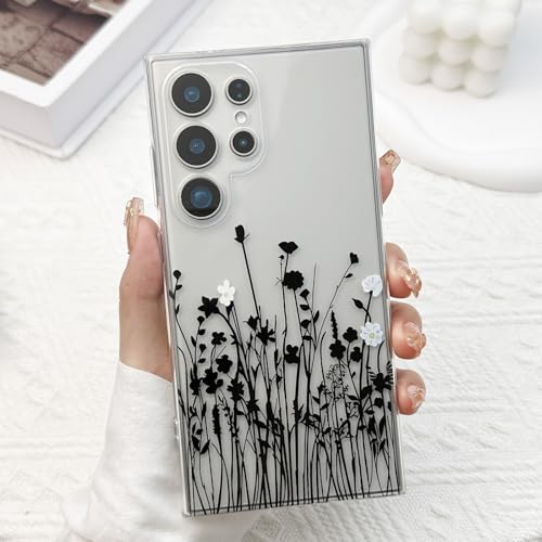 for Samsung Galaxy S24 Ultra Case, Floral Flowers Cute Aesthetic Clear Lavender Pattern Case for Women Girls,Transparent Slim Soft Shockproof Cover for S24 Ultra,Black Lavender - color: Black Lavender, size: for Samsung Galaxy S24 Ultra