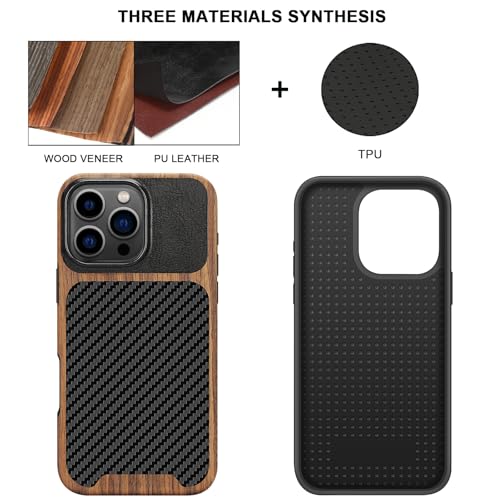 TENDLIN Compatible with iPhone 16 Pro Max Phone Case Wood Grain with Carbon Fiber Texture Design Leather Hybrid Slim Case (Black) - color: Black, size: iPhone 16 Pro Max