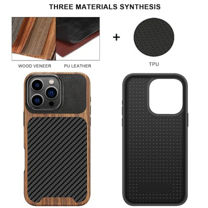 TENDLIN Compatible with iPhone 16 Pro Max Phone Case Wood Grain with Carbon Fiber Texture Design Leather Hybrid Slim Case (Black) - color: Black, size: iPhone 16 Pro Max