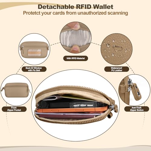YFWE Clip and Go Phone Strap with Crossbody Wallet, Adjustable Phone Lanyard with Detachable RFID Wristlet Wallet, Anti-Theft Leather Purse with ID Window for Travel Essentials (Khaki) - color: Khaki