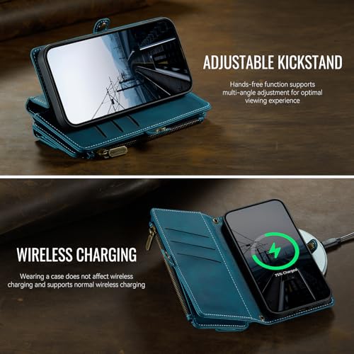 Wallet Case for iPhone 17 Pro Max – RFID Blocking PU Leather Phone Case with Card Holder, Zipper Pocket, Kickstand, Magnetic Closure, Shoulder & Wrist Strap, Blue Green - color: Blue Green, size: iPhone 17 Pro Max
