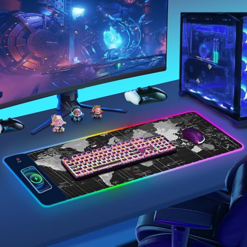 ToLuLu Wireless Charging RGB Gaming Mouse Pad, 15W Mouse Mat w/ 30W Charger - color: World Map