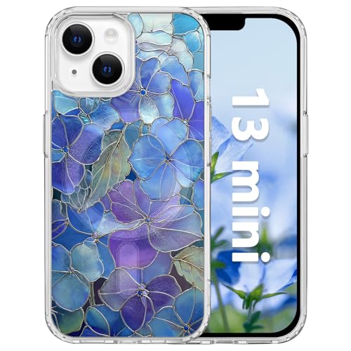 for iPhone 13 Mini 5.4" Magnetic Case[Compatible with MagSafe] Aesthetic Vintage Stained Glass Bloom Flower Design, Slim Fit Hard PC Back Shockproof Cute Clear Phone Cover, Hydrangea - color: Hydrangea Glass Flowers, size: iPhone 13 Mini
