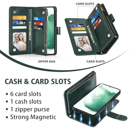Asuwish Phone Case for Samsung Galaxy S22 5G Zipper Wallet Magnetic Cell Cover with Tempered Glass Screen Protector Crossbody Lanyard Strap Flower Card Holder S 22 22S 4G G5 6.1 inch Women Dark Green - color: Dark Green