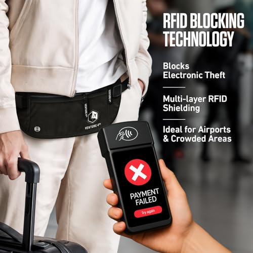 VENTURE 4TH Travel Money Belt, RFID Blocking Passport Holder - Pure Black - color: Pure Black