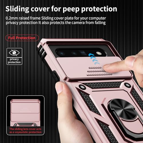 Vinve for Google Pixel 6 Pro Case with Slide Lens Cover, Military Grade Drop Protection, Magnetic Rotated Ring Holder Kickstand Phone Case (Rose Gold) - color: Rose Gold