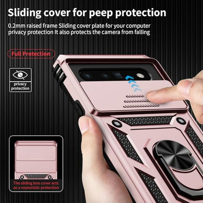 Vinve for Google Pixel 6 Pro Case with Slide Lens Cover, Military Grade Drop Protection, Magnetic Rotated Ring Holder Kickstand Phone Case (Rose Gold) - color: Rose Gold