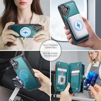 Defencase for iPhone 17 Phone Case Wallet Compatible with Magsafe, Green | Magnetic Detachable, Drop-Proof Protective Wallet Cases Cover, with RFID Bolcking Card Holder, Zipper Strap, Soft PU Leather - color: (Detachable with Magsafe)-Blue Green
