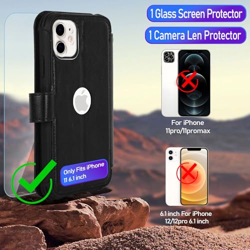 VANAVAGY Wallet Case for iPhone 11 6.1 inch, Black | 12ft Drop-proof Cover for Women Men, Silm PU Leather, RFID Blocking Card Holder, Wrist Strap, Screen Protector - color: Black