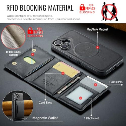 K2 2 in 1 Detachable Magnetic Phone Cases Compatible with iPhone 17 Case with Card Holder RFID Blocking, Compatible with Magsafe Wallet, Leather 6.3'' (Black, iPhone 17) - color: Black, size: iPhone 17