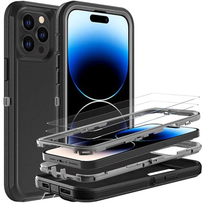 YKHJKLEC for iPhone 14 Pro Case, Military Grade 3 in 1 Heavy Duty Shockproof/Drop Proof/Dust Proof Case with 2Pcs Tempered Glass Screen Protector (Black/Grey) - color: Black/Grey