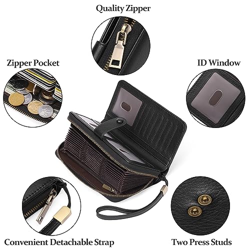 GAEKEAO Leather Credit Card Holder Wallet for Women RFID Blocking Large Capacity Bifold Zipper Card Case Organizer with Wristlet 45 Slots - color: Black