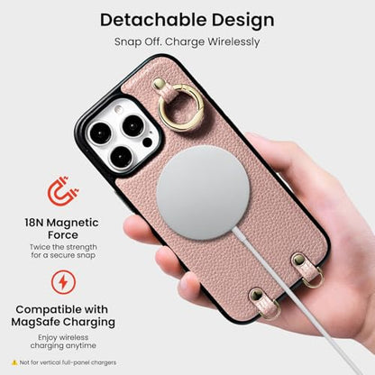 ORNARTO Magnetic Detachable Wallet Case for iPhone 16 Pro, Pink | Compatible with MagSafe, Crossbody Wallet Case with Card Holder Wrist Strap, RFID Blocking PU Leather Wallet Phone Cover 6.3” - color: Pink